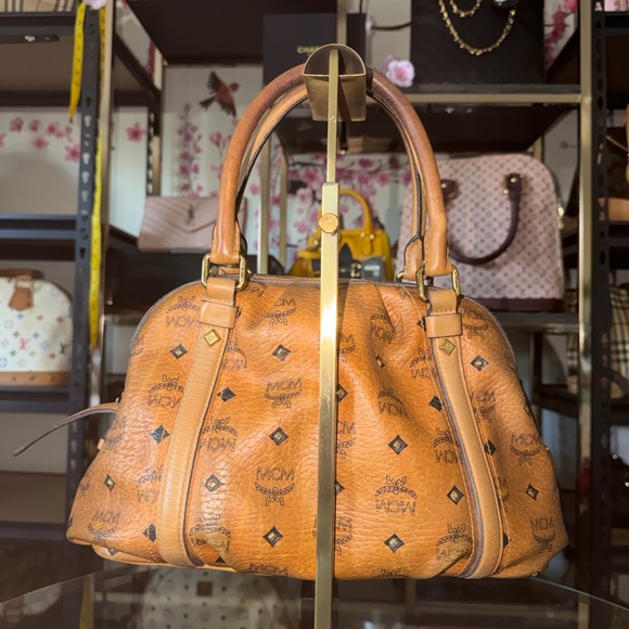 MCM Visetos Logo Satchel in Cognac and Black - Picture 4 of 7